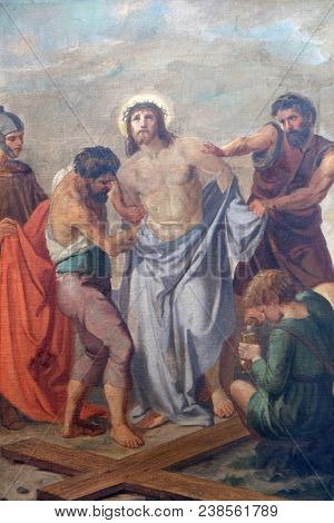 SISAK, CROATIA - DECEMBER 07: 10th Stations of the Cross, Jesus is stripped of His garments, Church of Visitation of the Virgin Mary in Sisak, Croatia, on December 07, 2017.