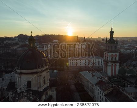 Beauty Panoramic View On Sunrise Over Old European City