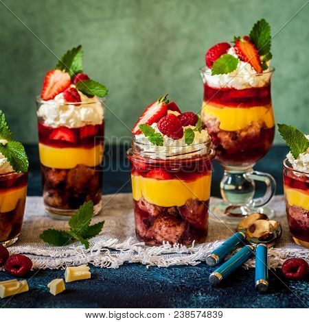 Fruit Cake, Jelly, Custard, Berry And White Cocolate Whipped Cream Individual Trifles, Square