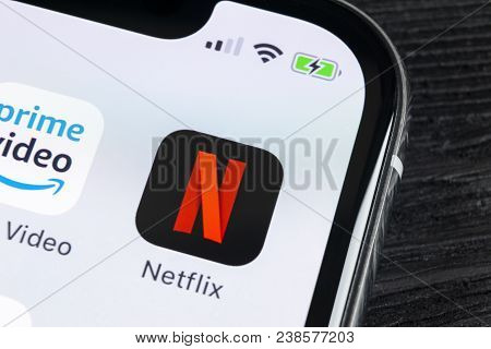 Sankt-petersburg, Russia, April 27, 2018: Netflix Application Icon On Apple Iphone X Screen Close-up