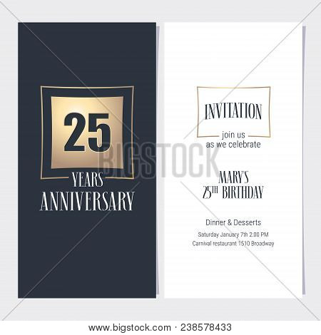 25 Years Anniversary Invitation Vector Illustration. Graphic Design Template With Golden Element For