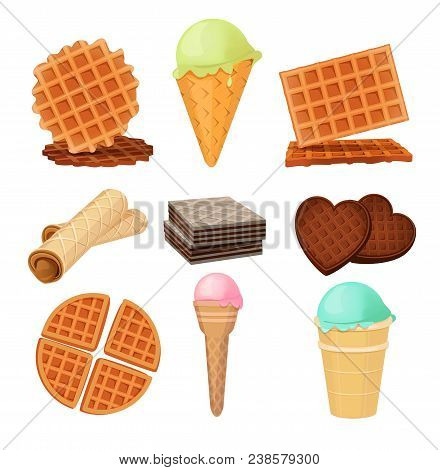 Waffels Desserts. Set Of Vector Pictures Isolate. Dessert Waffle Food With Cream Chocolate, Sweet Co