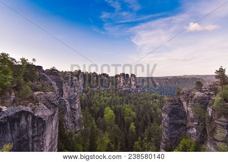 Bastei Rocks In Swiss Saxony, Around The Ruins Of Neurathen Castle. Germany In Summer