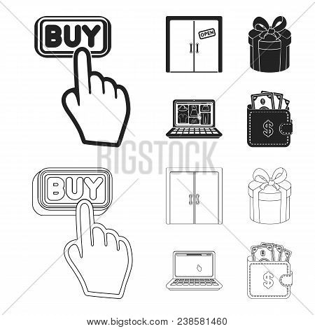 Hand, Click, Elevator, Gift, Box, Door, Online Store And Other Equipment. E Commerce Set Collection 