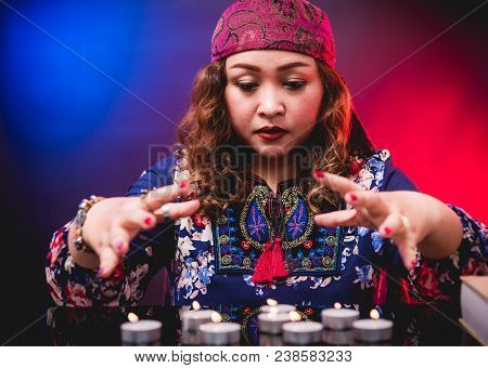 Female Seer Teller Doing Psychic Reading Predicting Fate
