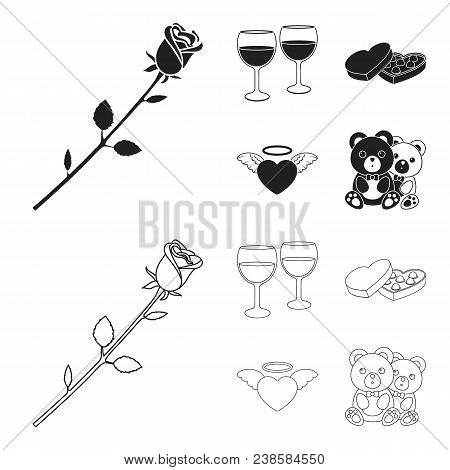 Glasses With Wine, Chocolate Hearts, Bears, Valentine.romantik Set Collection Icons In Black, Outlin