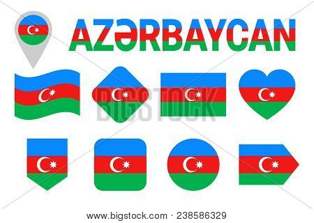 Azerbaijan Flag Icon Set. Flat Isolated Symbols. Vector Azerbaijani Flags Set With State Name In Nat