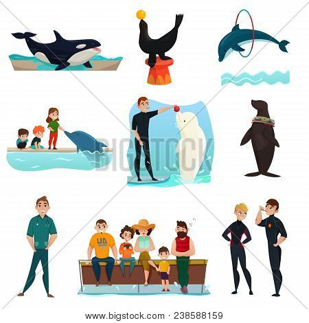 Dolphinarium Icons Set With Dolphins Performing For Public Orca Whale And Seal Show Entertainment Is