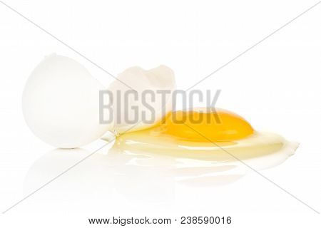 One Cracked White Chicken Egg Isolated On White Background Two Pieces Of Shell And Raw Fresh Yolk