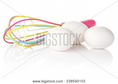 Three White Chicken Eggs With Silicon Colourful Balloon Whisk Isolated On White Background