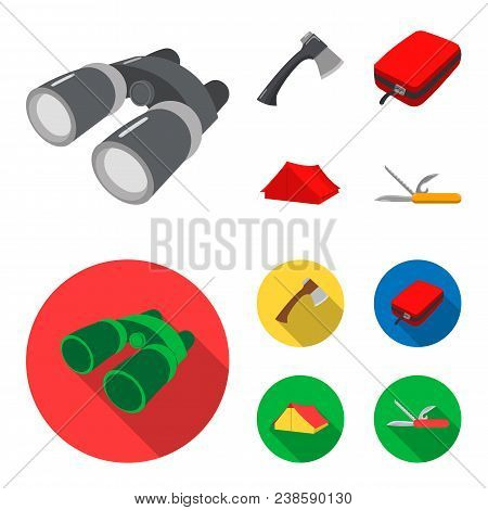 Ax, First-aid Kit, Tourist Tent, Folding Knife. Camping Set Collection Icons In Cartoon, Flat Style 