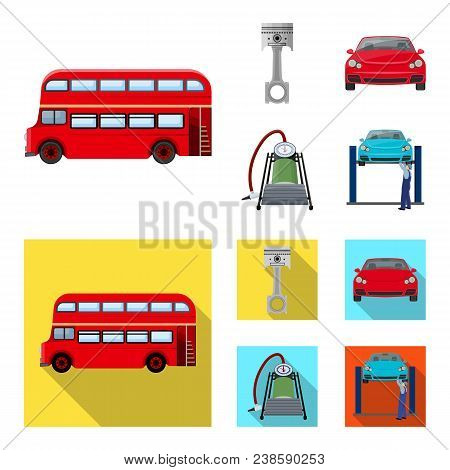 Car On Lift, Piston And Pump Cartoon, Flat Icons In Set Collection For Design.car Maintenance Statio