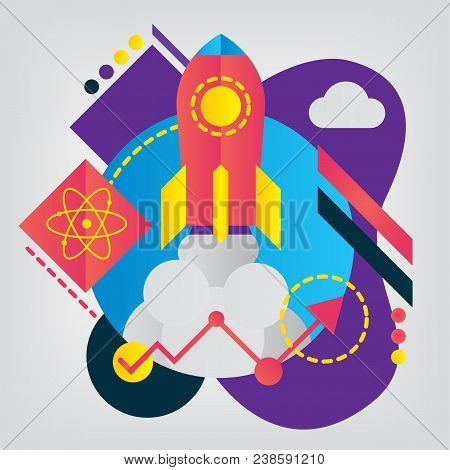 Start Up Flat Illustration With Rocket. Vector Geometry Business Concept For Web Banner Or Mobile Ap
