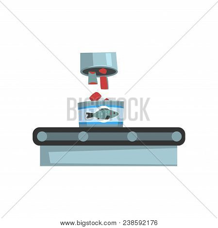Conveyor Belt With Canned Fish, Seafood Production, Fish Industry Canned Process Vector Illustration