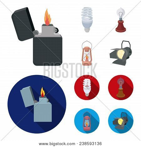 Lighter, Economical Light Bulb, Edison Lamp, Kerosene Lamp.light Source Set Collection Icons In Cart