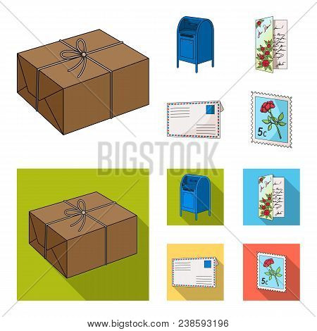 Mailbox, Congratulatory Card, Postage Stamp, Envelope.mail And Postman Set Collection Icons In Carto