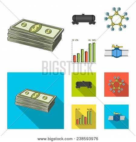 Railway Tank, Chemical Formula, Oil Price Chart, Pipeline Valve. Oil Set Collection Icons In Cartoon