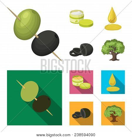 Olives On Skewers. A Piece Of Black Olives, A Jar Of Cream, A Drop Of Oil.olives Set Collection Icon