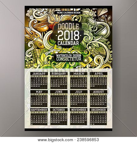 Ccartoon Colorful Hand Drawn Doodles Picnic 2018 Year Calendar Template. English, Sunday Start. Very
