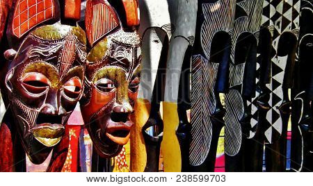 Close Up Of Carved Wooden African Masks