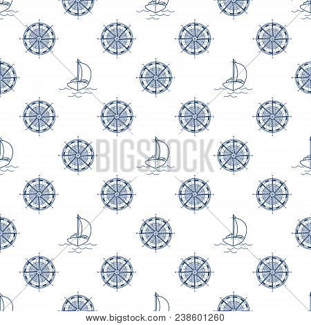 Seamless Travel Pattern, Blue Yacht And Windrose On A White Background, Maritime Tourism Concept , L