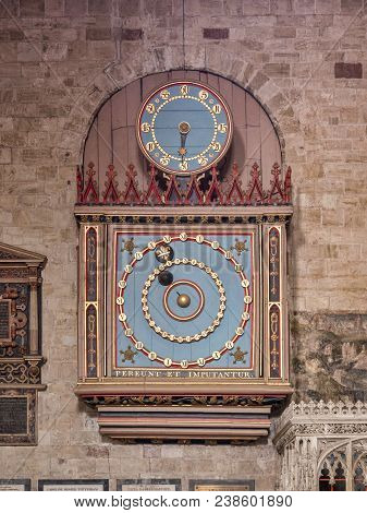 24 June 2017: Exeter, Devon, Uk - The Astronomical Clock In Exeter Cathedral. Clock Dates From 1484,
