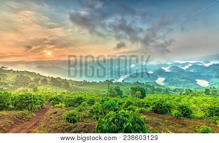 Ta Dung Lake In The Morning When The Sun Rises At The Top Of  Mountain Shines Fog Into Lake Full Of 