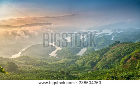 Ta Dung Lake In The Morning When The Sun Rises At The Top Of  Mountain Shines Fog Into Lake Full Of 