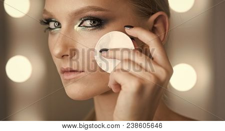 Skincare, Treatment And Therapy. Woman Remove Makeup With Cotton Pad. Beauty Model With Fresh Face S