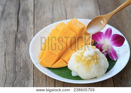 Mango And Sticky Rice Is Popular Traditional Dessert Of Thailand.