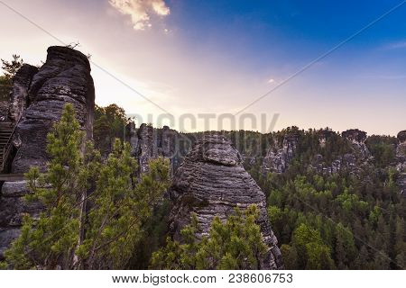 Bastei Rocks In Swiss Saxony, Around The Ruins Of Neurathen Castle. Germany In Summer