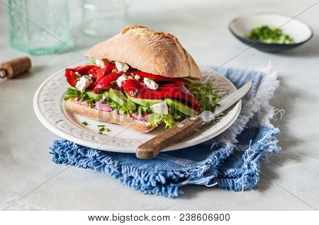 Beetroot Hummus, Roasted Sweet Pepper, Avocado And Feta Sandwich