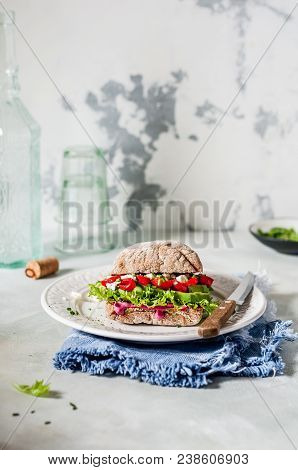 Beetroot Hummus, Roasted Sweet Pepper, Avocado And Feta Sandwich, Copy Space For Your Text