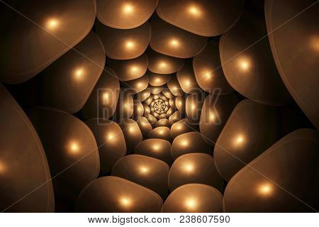 Spiral Brown Abstract Fractal With Patches Of Light In The Form Of Cosmic Shapes On A Black Backgrou