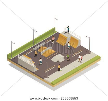Eco Riding Sports Ground Isometric Composition With Technical Facilities For Roller And Skateboard T