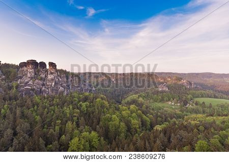 Bastei Rocks In Swiss Saxony, Around The Ruins Of Neurathen Castle. Germany In Summer