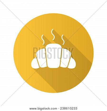 Fresh Croissant Flat Design Long Shadow Glyph Icon. Crescent Roll. Vector Silhouette Illustration