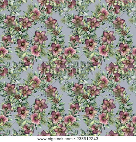 Watercolor Seamless With Hellebore Flowers. Hand Painted Snowberry, Fir Branch And Leaves, Berry Iso