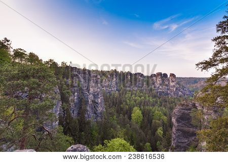 Bastei Rocks In Swiss Saxony, Around The Ruins Of Neurathen Castle. Germany In Summer