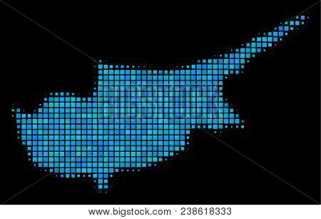 Halftone Dotted Cyprus Island Map. Vector Geographic Map In Blue Color Tinges On A Black Background.