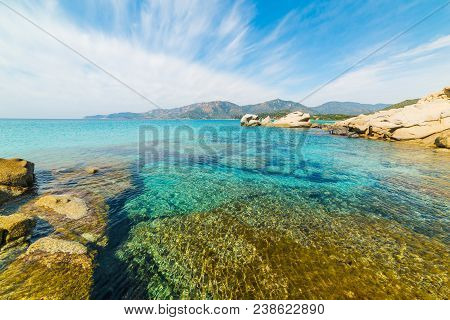 Cloudy Sky Over Spiaggia Del Riso In Villasimius. Sardinia, Italy