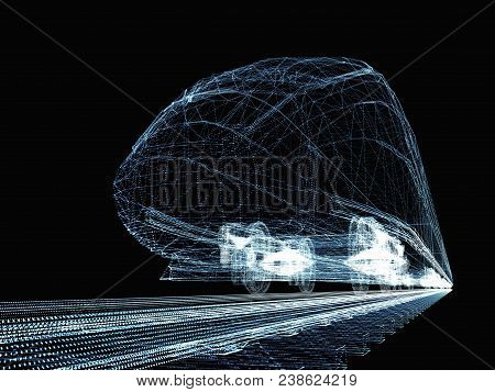 Abstract Polygonal High-speed Passenger Train. Traveling Concept. 3d Illustration On Black Backgroun