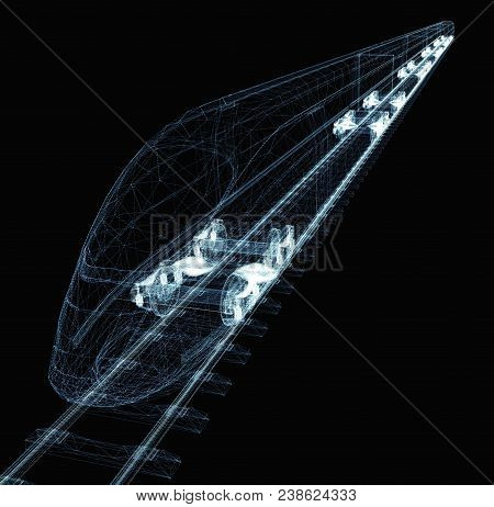 Abstract Polygonal High-speed Passenger Train. Traveling Concept. 3d Illustration On Black Backgroun