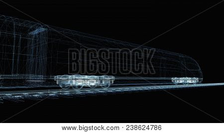 Abstract Polygonal High-speed Passenger Train. Traveling Concept. 3d Illustration On Black Backgroun