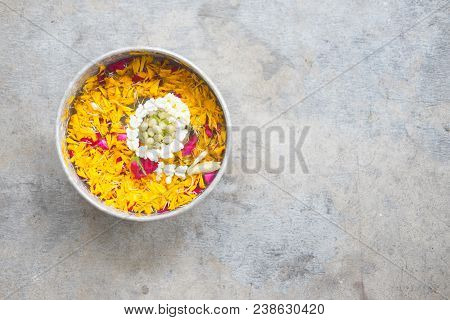Jasmine And Roses In Silver Bowl At Songkran Festival In Thailand