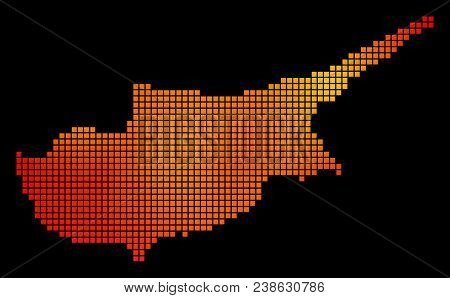 Pixel Fire Cyprus Map. Vector Territory Map In Orange Color Shades On A Black Background. Vector Mos