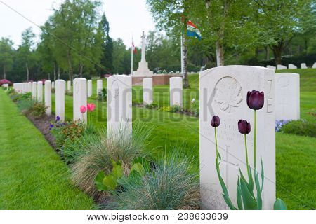 Holten, Netherlands - April 29, 2018: Well Maintained Graves Of Fallen Canadian Soldiers During Ww2 