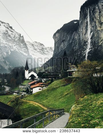 Scenic View Of Lauterbrunnen Village In Winter Time, Switzerland