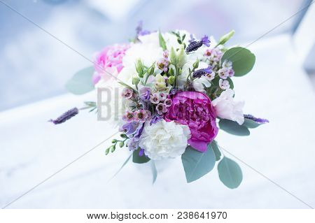 Lovely Pastel Colors Bridal Bouquet Made Of Lavanda, Veronica, Pink Peony, Double Tulips, Waxflower,