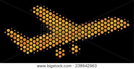 Halftone Hexagonal Aiplane Icon. Bright Gold Pictogram With Honey Comb Geometric Pattern On A Black 